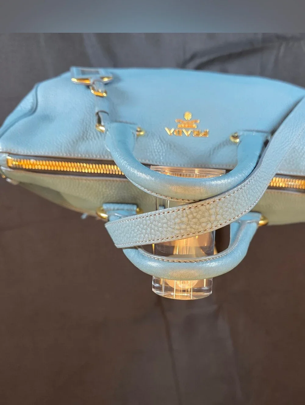 Authentic Prada Vitello Daino Blue Leather Top Handle Handbag  Comes w COA